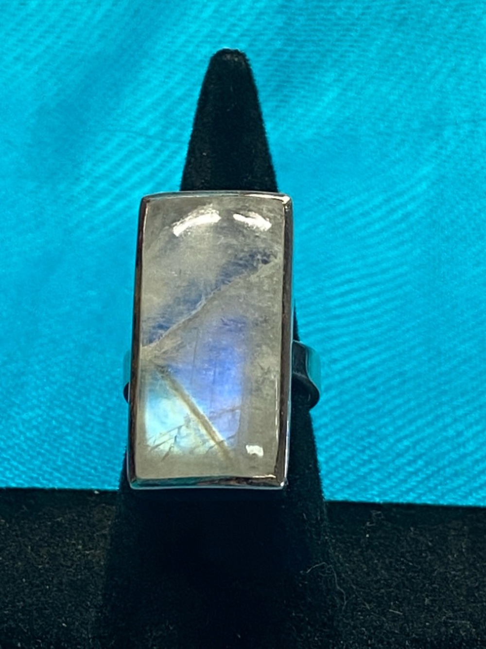 NWOT Rainbow Moonstone Rectangular Silver Ring - Blue & Green Flash, sz 5